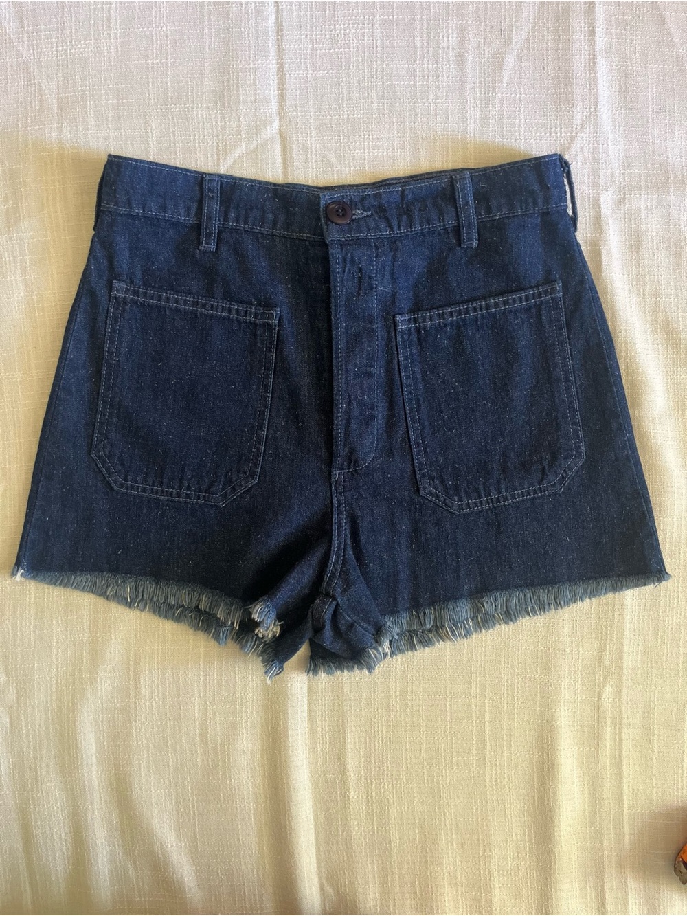 THE GREAT. Dark Indigo Frayed Hem Denim Shorts 24
